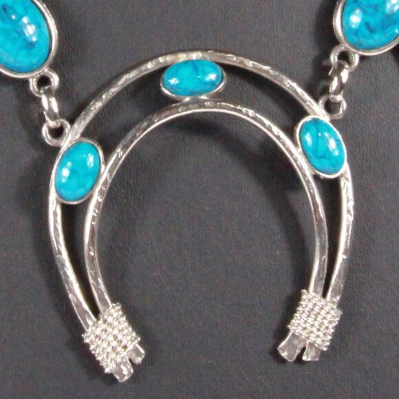 Vintage Faux Turquoise Squash Blossom Silver Tone Necklace - Picture 7 of 8